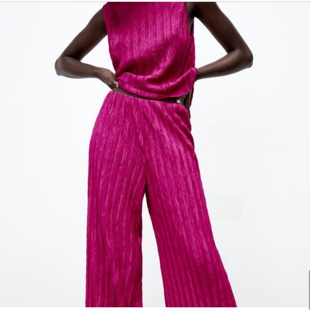 Zara Pink Wide Leg Jumpsuit with Pleated Texture - Picture 6 of 11